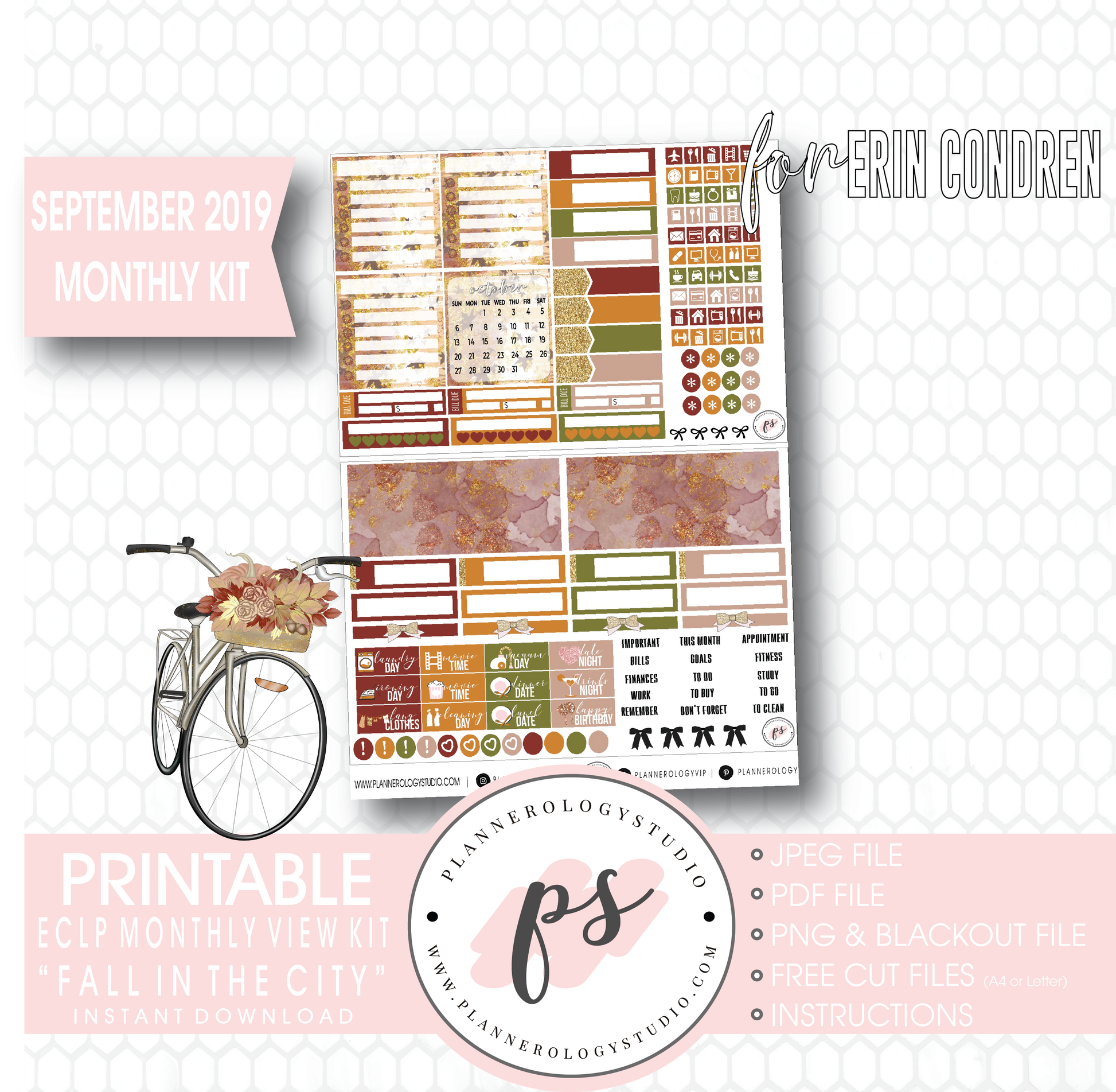 Fall in the City September 2019 Monthly View Kit Digital Printable Planner Stickers (for use with Erin Condren) - Plannerologystudio