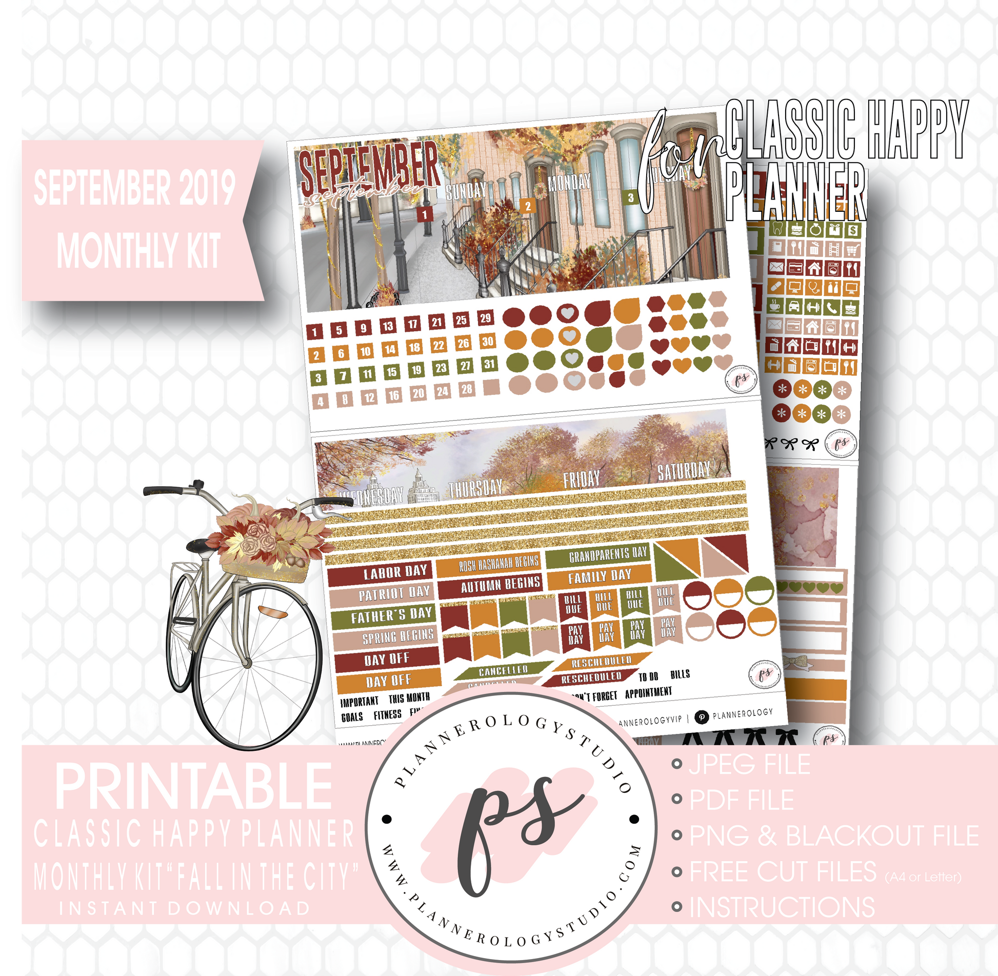 Fall in the City September 2019 Monthly View Kit Digital Printable Planner Stickers (for use with Classic Happy Planner) - Plannerologystudio