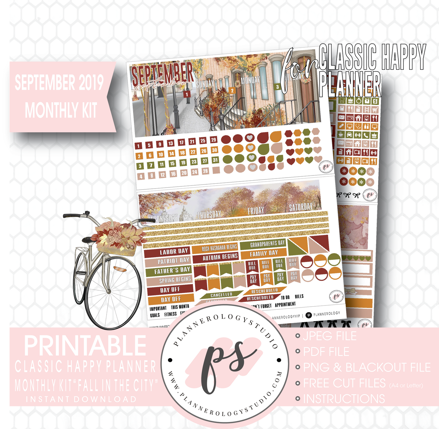 Fall in the City September 2019 Monthly View Kit Digital Printable Planner Stickers (for use with Classic Happy Planner) - Plannerologystudio