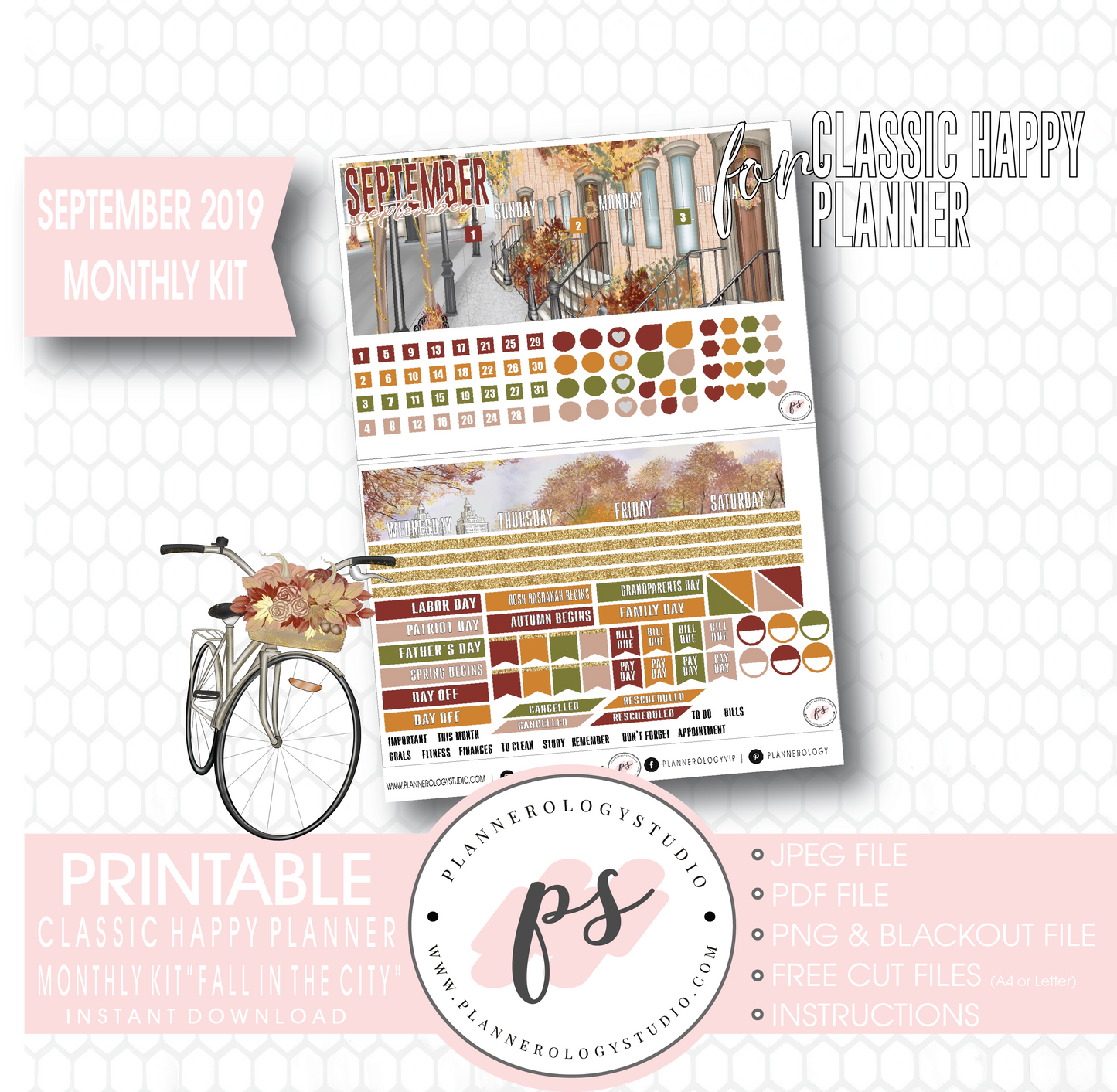 Fall in the City September 2019 Monthly View Kit Digital Printable Planner Stickers (for use with Classic Happy Planner) - Plannerologystudio