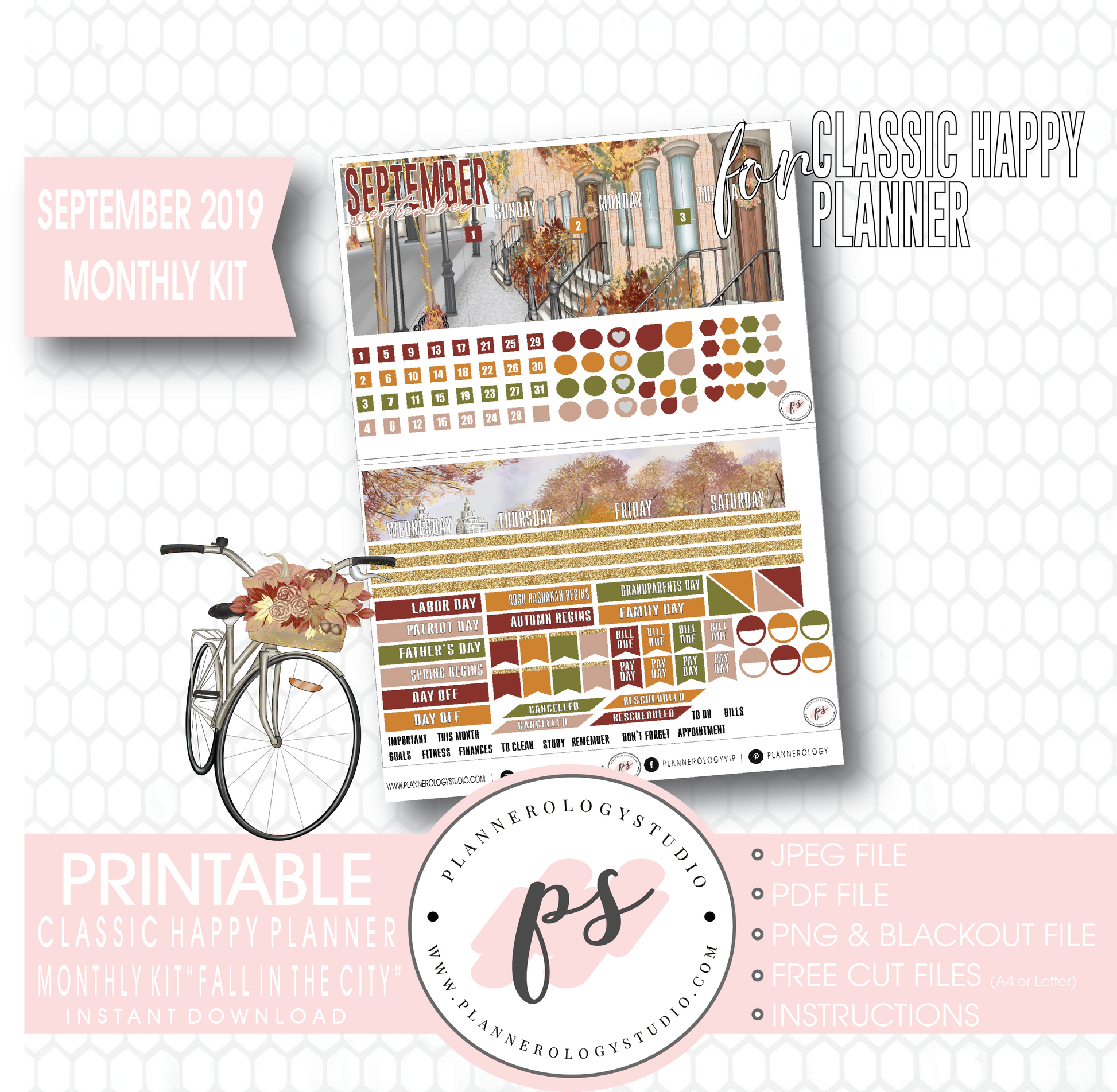 Fall in the City September 2019 Monthly View Kit Digital Printable Planner Stickers (for use with Classic Happy Planner) - Plannerologystudio