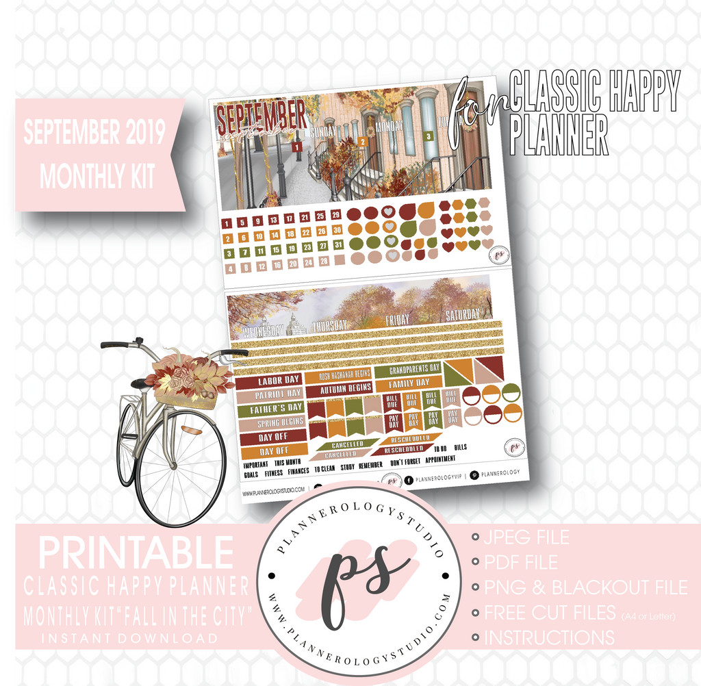 Fall in the City September 2019 Monthly View Kit Digital Printable Planner Stickers (for use with Classic Happy Planner) - Plannerologystudio