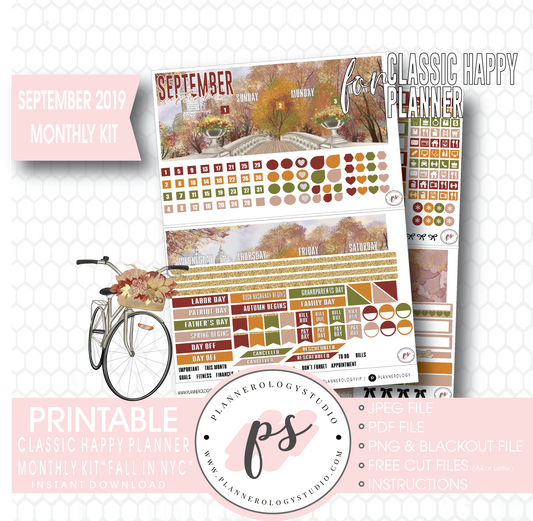 Fall in NYC September 2019 Monthly View Kit Digital Printable Planner Stickers (for use with Classic Happy Planner) - Plannerologystudio