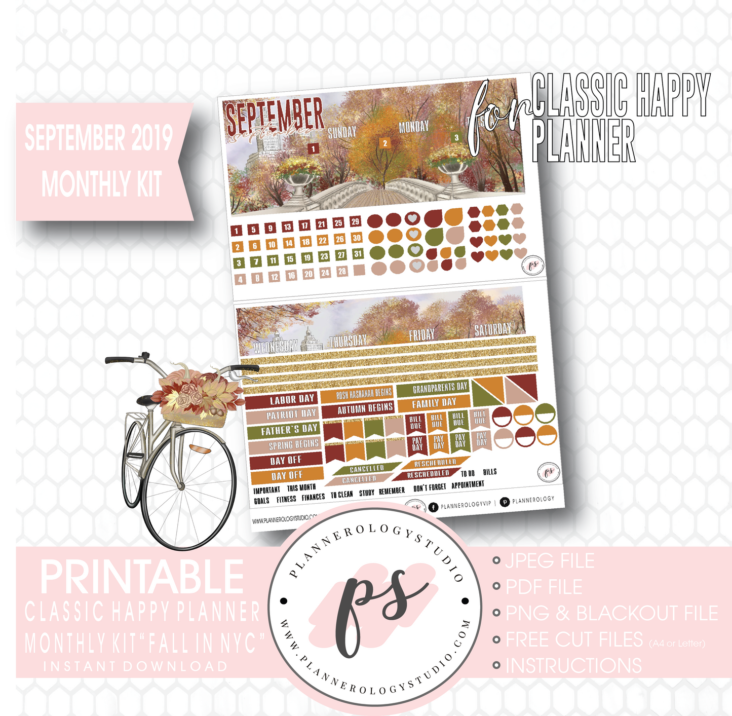 Fall in NYC September 2019 Monthly View Kit Digital Printable Planner Stickers (for use with Classic Happy Planner) - Plannerologystudio