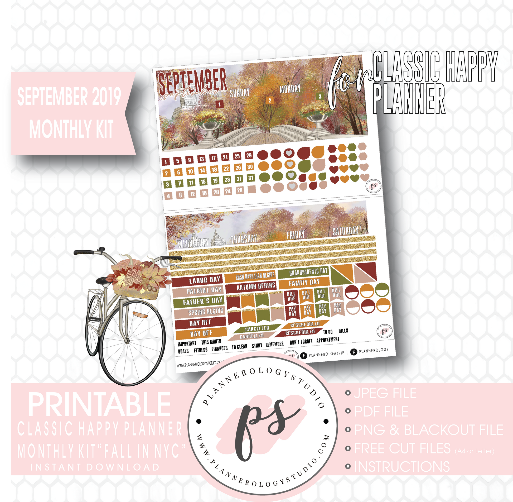 Fall in NYC September 2019 Monthly View Kit Digital Printable Planner Stickers (for use with Classic Happy Planner) - Plannerologystudio