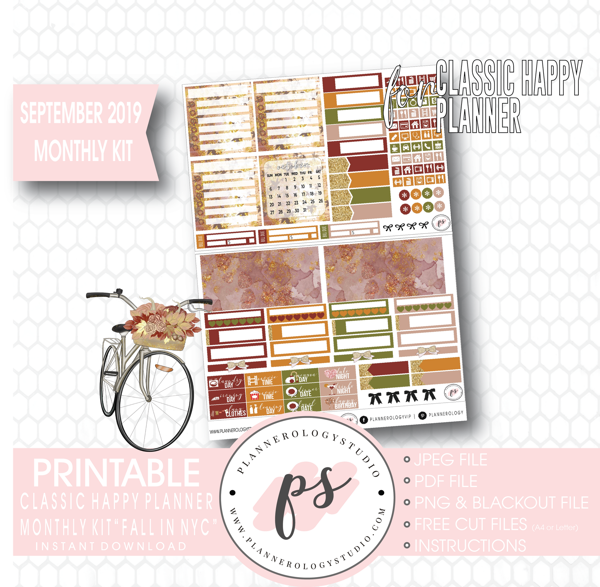 Fall in NYC September 2019 Monthly View Kit Digital Printable Planner Stickers (for use with Classic Happy Planner) - Plannerologystudio