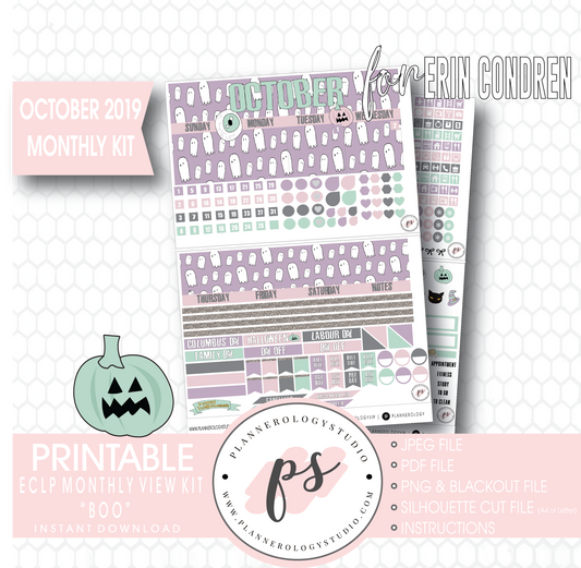 Boo October 2019 Halloween Monthly View Kit Printable Planner Stickers (for use with Erin Condren) - Plannerologystudio