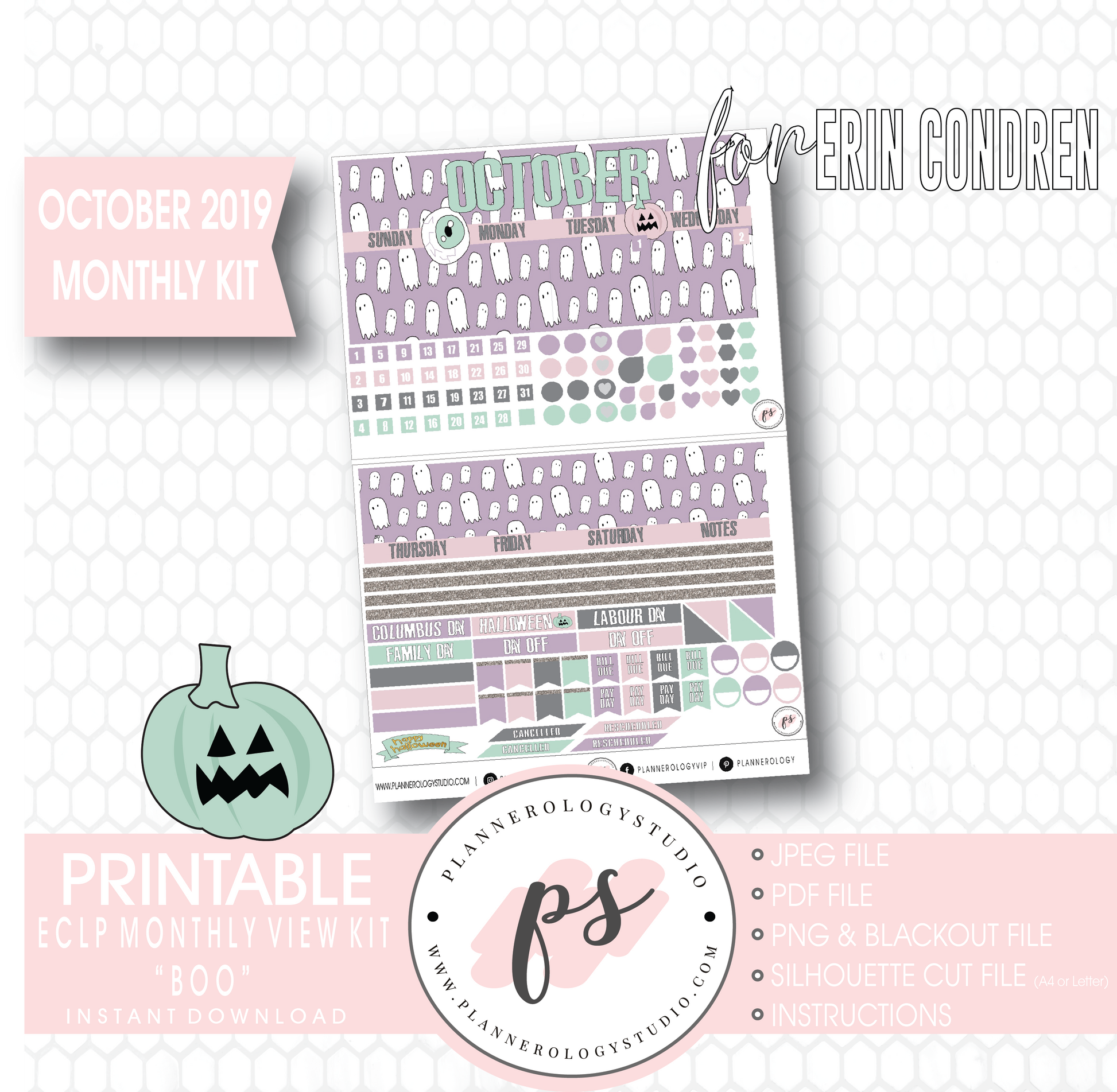 Boo October 2019 Halloween Monthly View Kit Printable Planner Stickers (for use with Erin Condren) - Plannerologystudio