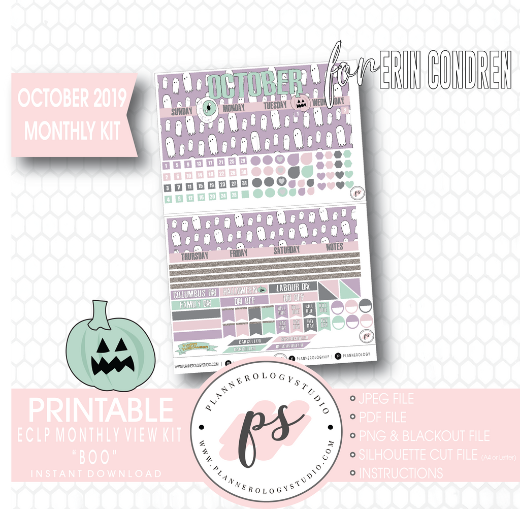 Boo October 2019 Halloween Monthly View Kit Printable Planner Stickers (for use with Erin Condren) - Plannerologystudio