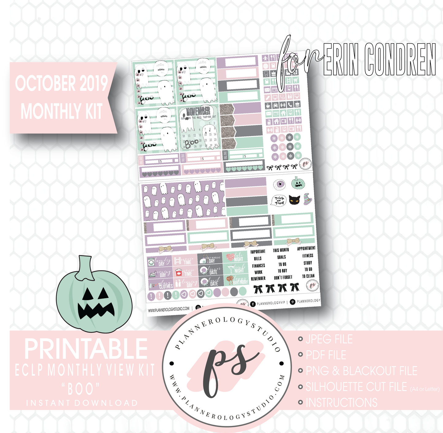 Boo October 2019 Halloween Monthly View Kit Printable Planner Stickers (for use with Erin Condren) - Plannerologystudio
