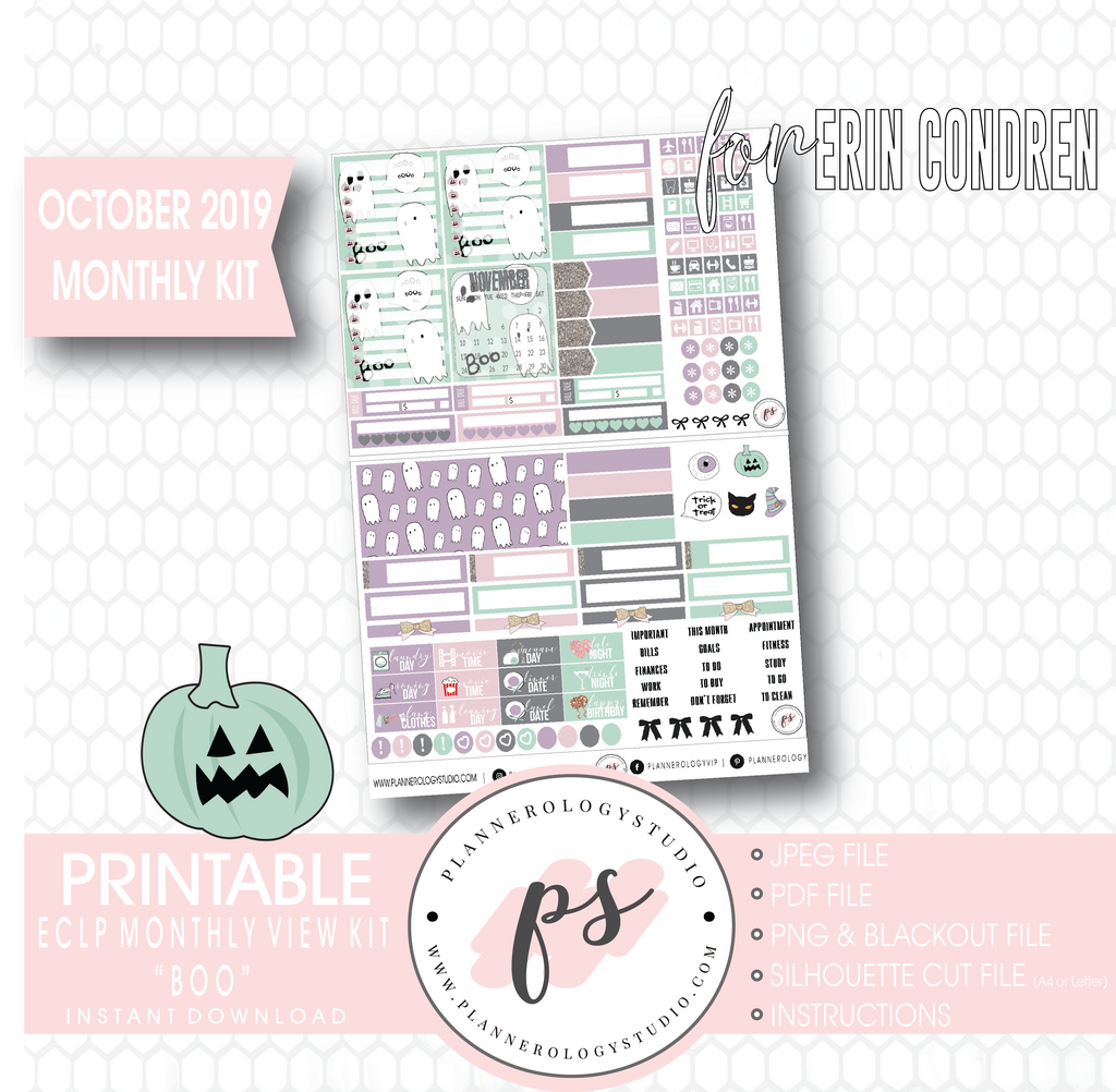 Boo October 2019 Halloween Monthly View Kit Printable Planner Stickers (for use with Erin Condren) - Plannerologystudio