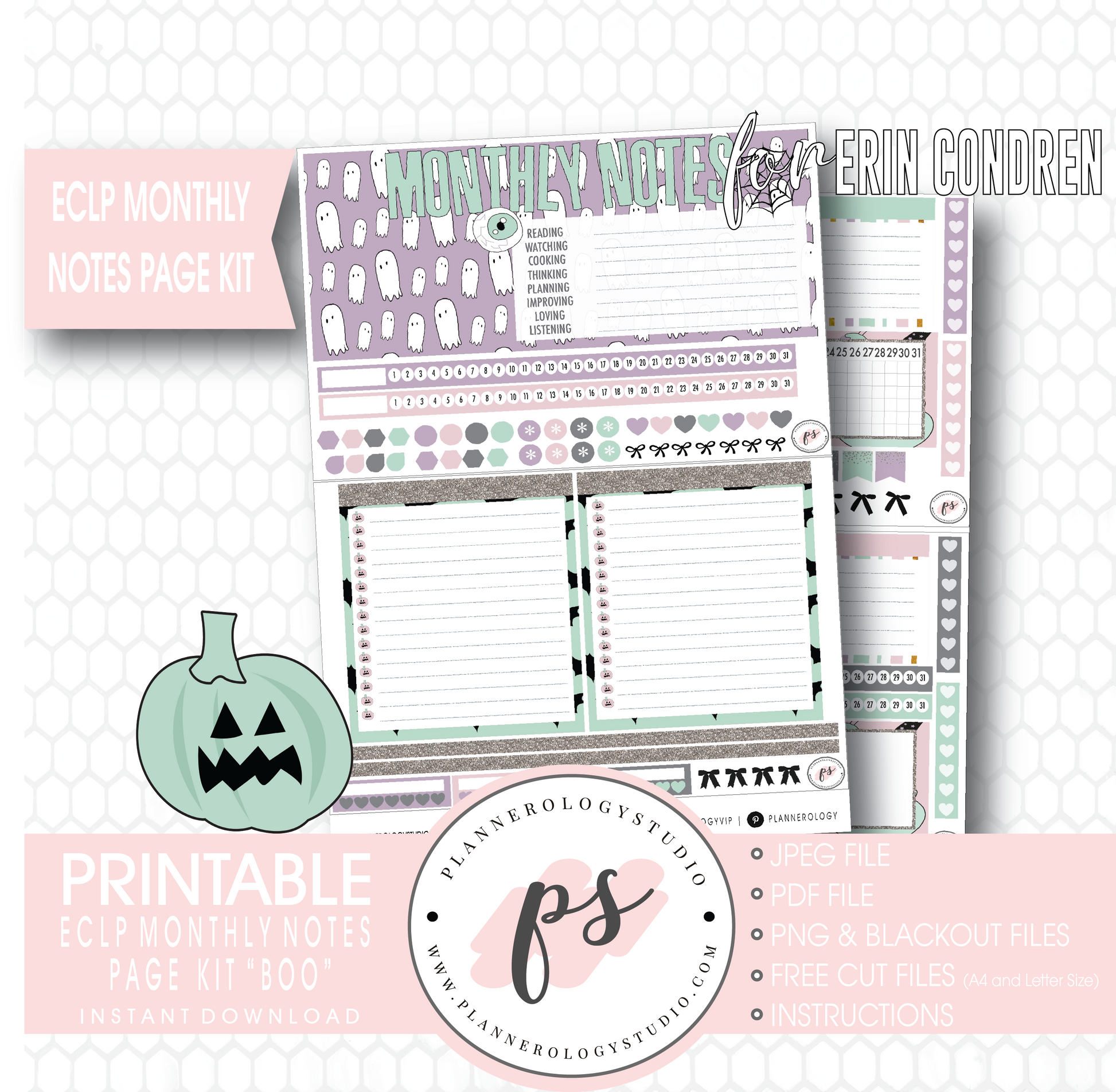 Boo Halloween Monthly Notes Page Kit Digital Printable Planner Stickers (for use with Erin Condren) - Plannerologystudio