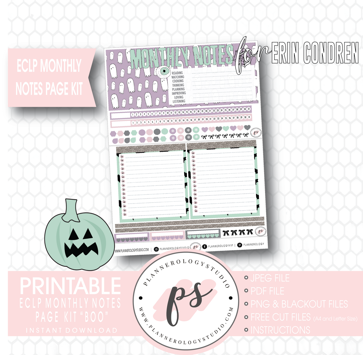 Boo Halloween Monthly Notes Page Kit Digital Printable Planner Stickers (for use with Erin Condren) - Plannerologystudio