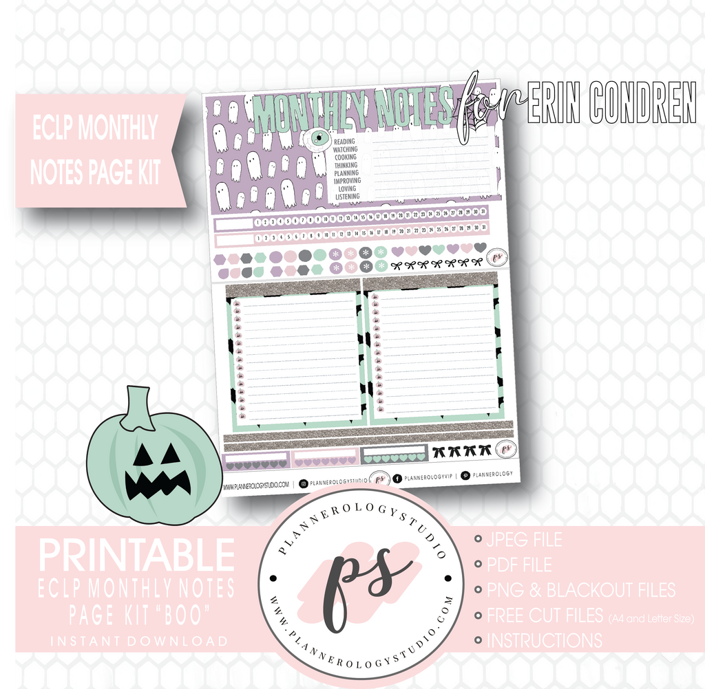 Boo Halloween Monthly Notes Page Kit Digital Printable Planner Stickers (for use with Erin Condren) - Plannerologystudio