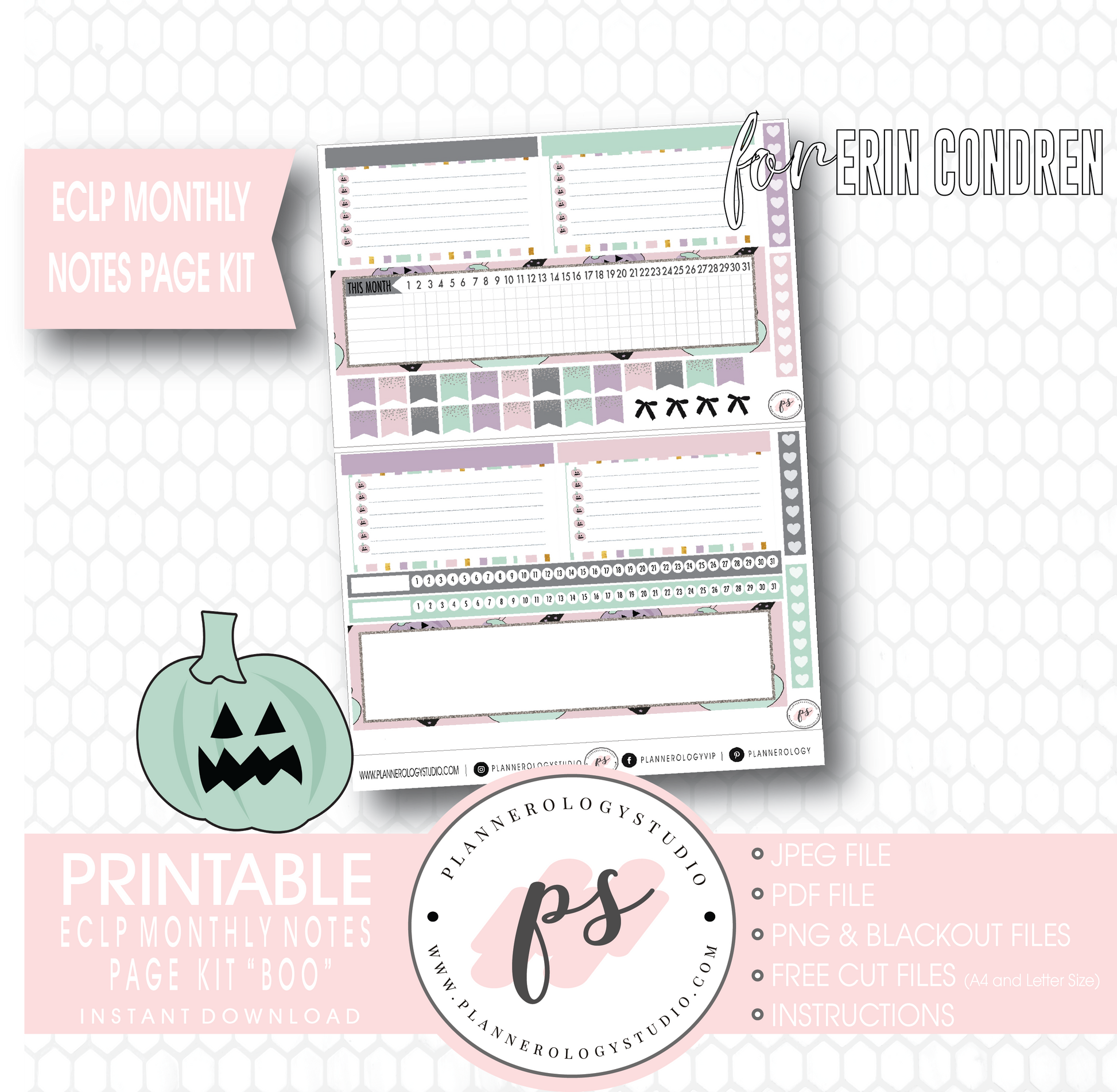 Boo Halloween Monthly Notes Page Kit Digital Printable Planner Stickers (for use with Erin Condren) - Plannerologystudio