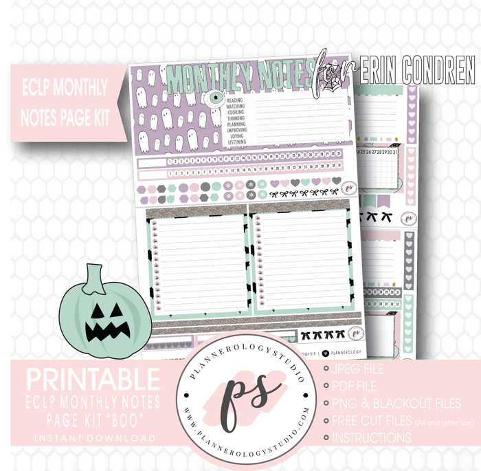 Boo Halloween Monthly Notes Page Kit Digital Printable Planner Stickers (for use with Erin Condren) - Plannerologystudio