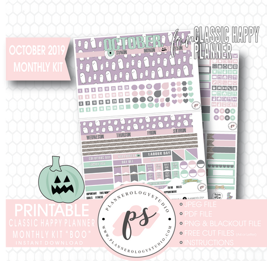 Boo October 2019 Halloween Monthly View Kit Printable Planner Stickers (for use with Classic Happy Planner) - Plannerologystudio