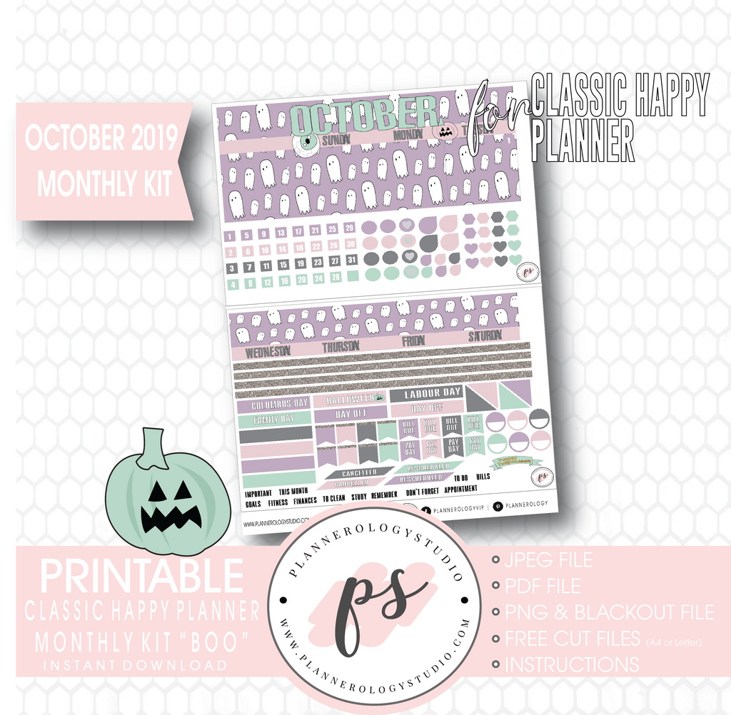 Boo October 2019 Halloween Monthly View Kit Printable Planner Stickers (for use with Classic Happy Planner) - Plannerologystudio