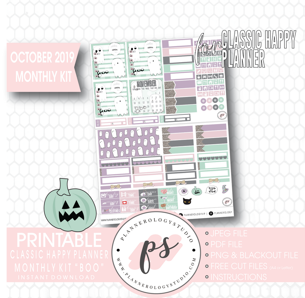 Boo October 2019 Halloween Monthly View Kit Printable Planner Stickers (for use with Classic Happy Planner) - Plannerologystudio