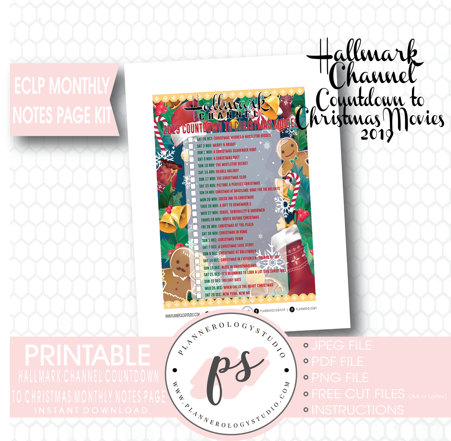 Hallmark Channel 2019 Countdown to Christmas Movies Monthly Notes Page Kit Digital Printable Planner Stickers (for use with Erin Condren or as Printable Insert) - Plannerologystudio