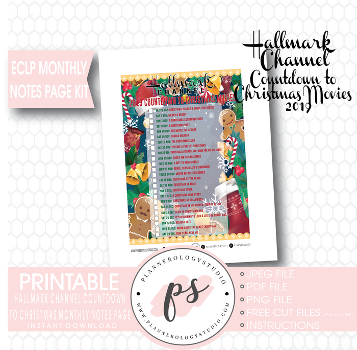 Hallmark Channel 2019 Countdown to Christmas Movies Monthly Notes Page Kit Digital Printable Planner Stickers (for use with Erin Condren or as Printable Insert) - Plannerologystudio