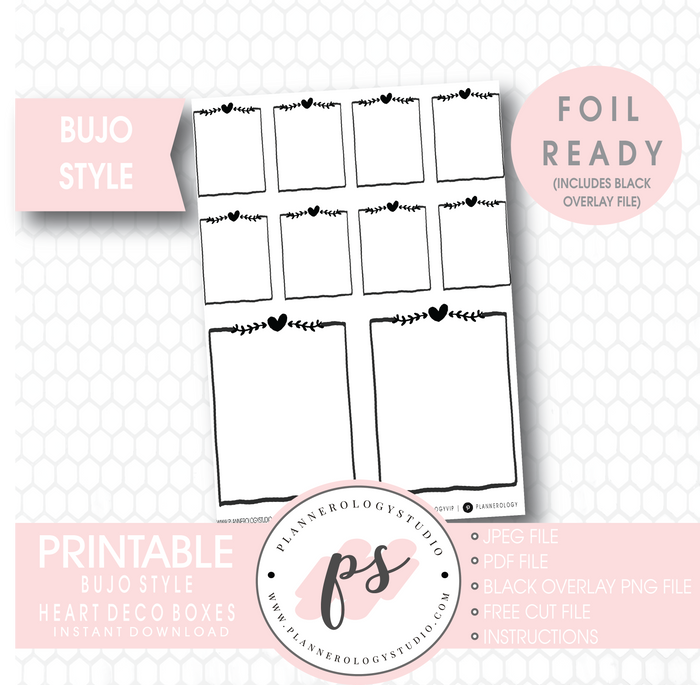 Heart Deco Full Boxes Bullet Journal Bujo Digital Printable Planner Stickers (Foil Ready) - Plannerologystudio