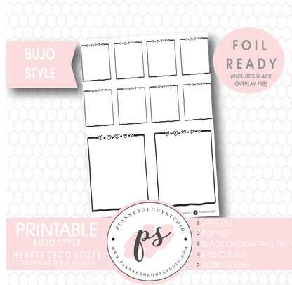 Hearts Deco Full Boxes Bullet Journal Bujo Digital Printable Planner Stickers (Foil Ready) - Plannerologystudio