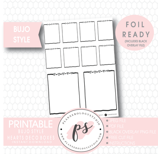 Hearts Deco Full Boxes Bullet Journal Bujo Digital Printable Planner Stickers (Foil Ready) - Plannerologystudio