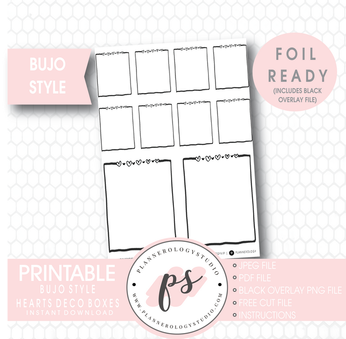 Hearts Deco Full Boxes Bullet Journal Bujo Digital Printable Planner Stickers (Foil Ready) - Plannerologystudio