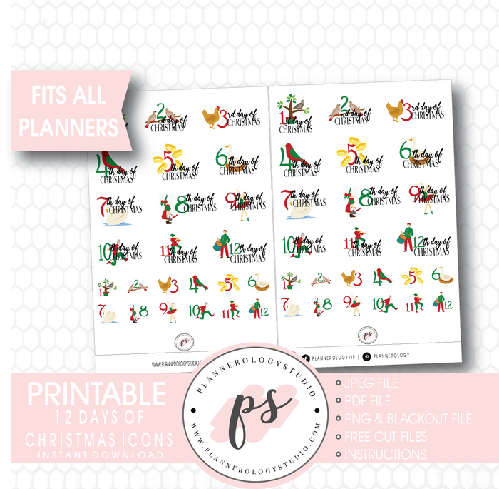 12 Days of Christmas Planner Icons Digital Printable Planner Stickers - Plannerologystudio