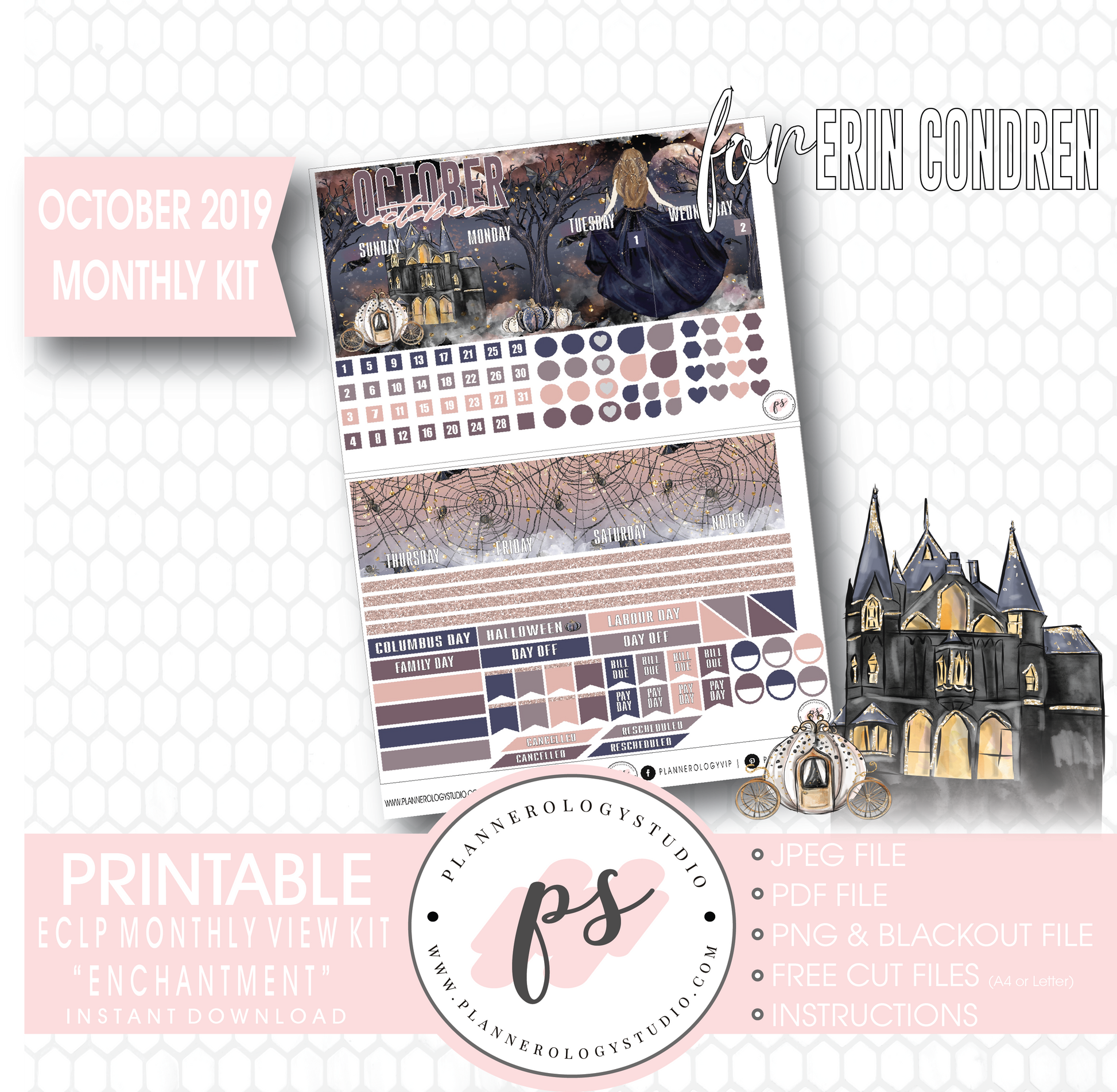 Enchantment Halloween October 2019 Monthly View Kit Digital Printable Planner Stickers (for use with Erin Condren) - Plannerologystudio