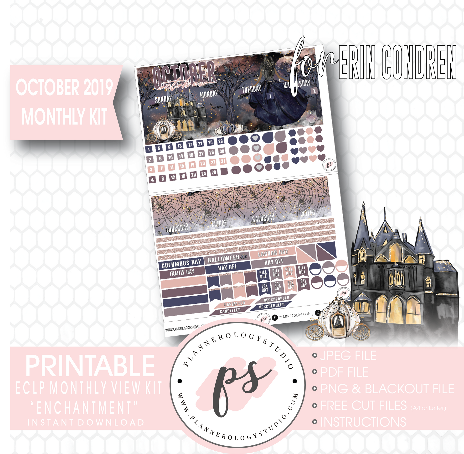 Enchantment Halloween October 2019 Monthly View Kit Digital Printable Planner Stickers (for use with Erin Condren) - Plannerologystudio