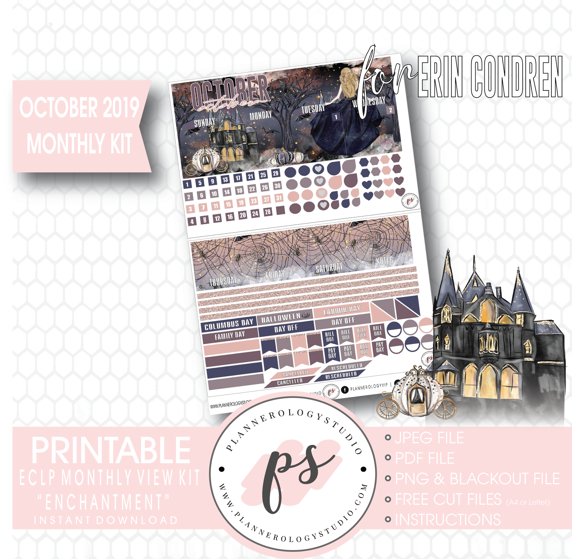 Enchantment Halloween October 2019 Monthly View Kit Digital Printable Planner Stickers (for use with Erin Condren) - Plannerologystudio