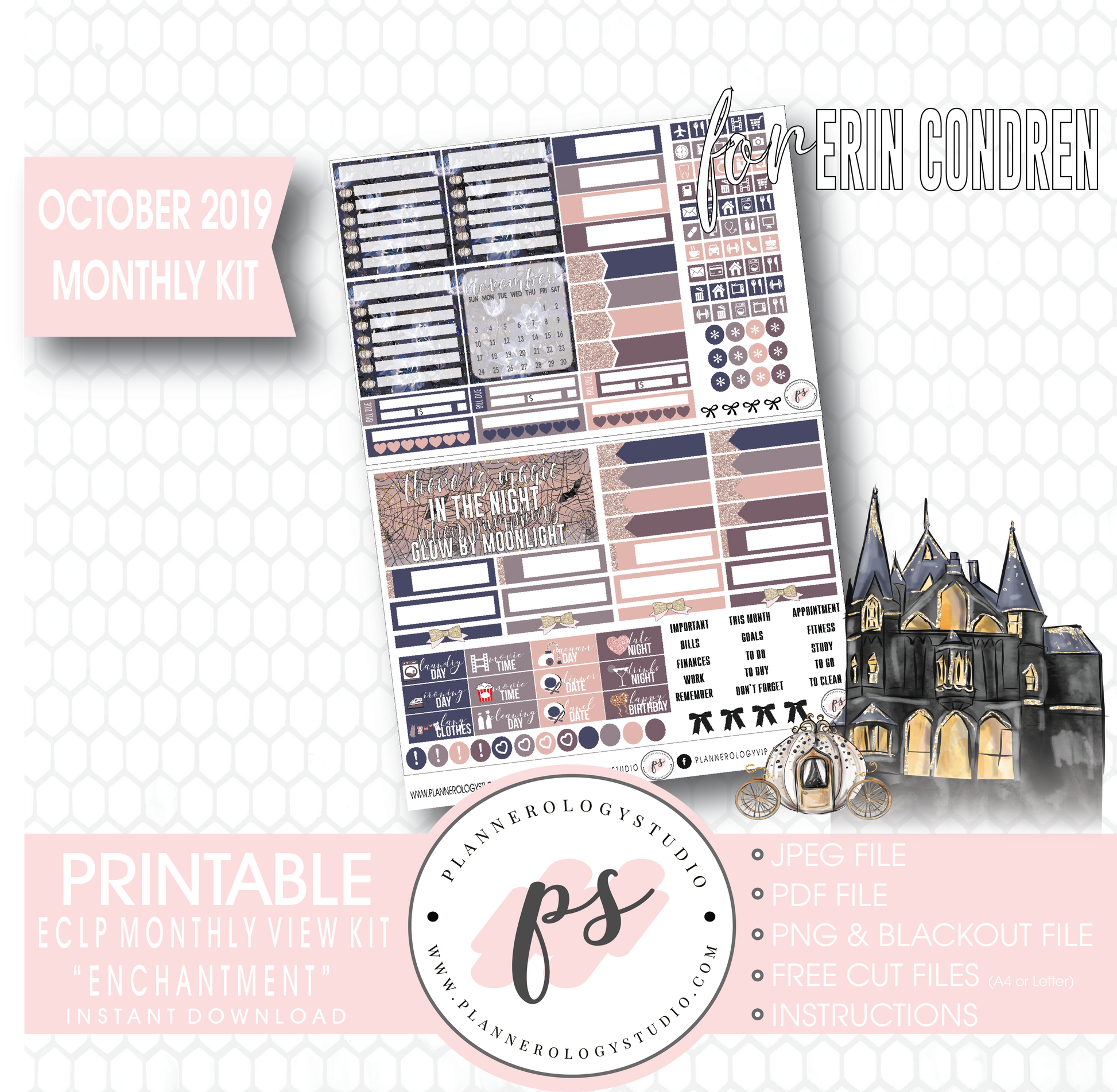 Enchantment Halloween October 2019 Monthly View Kit Digital Printable Planner Stickers (for use with Erin Condren) - Plannerologystudio
