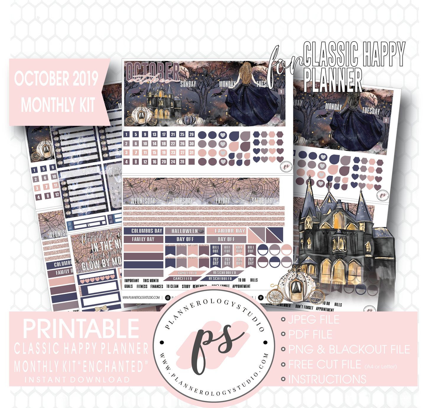 Enchantment Halloween October 2019 Monthly View Kit Digital Printable Planner Stickers (for use with Classic Happy Planner) - Plannerologystudio