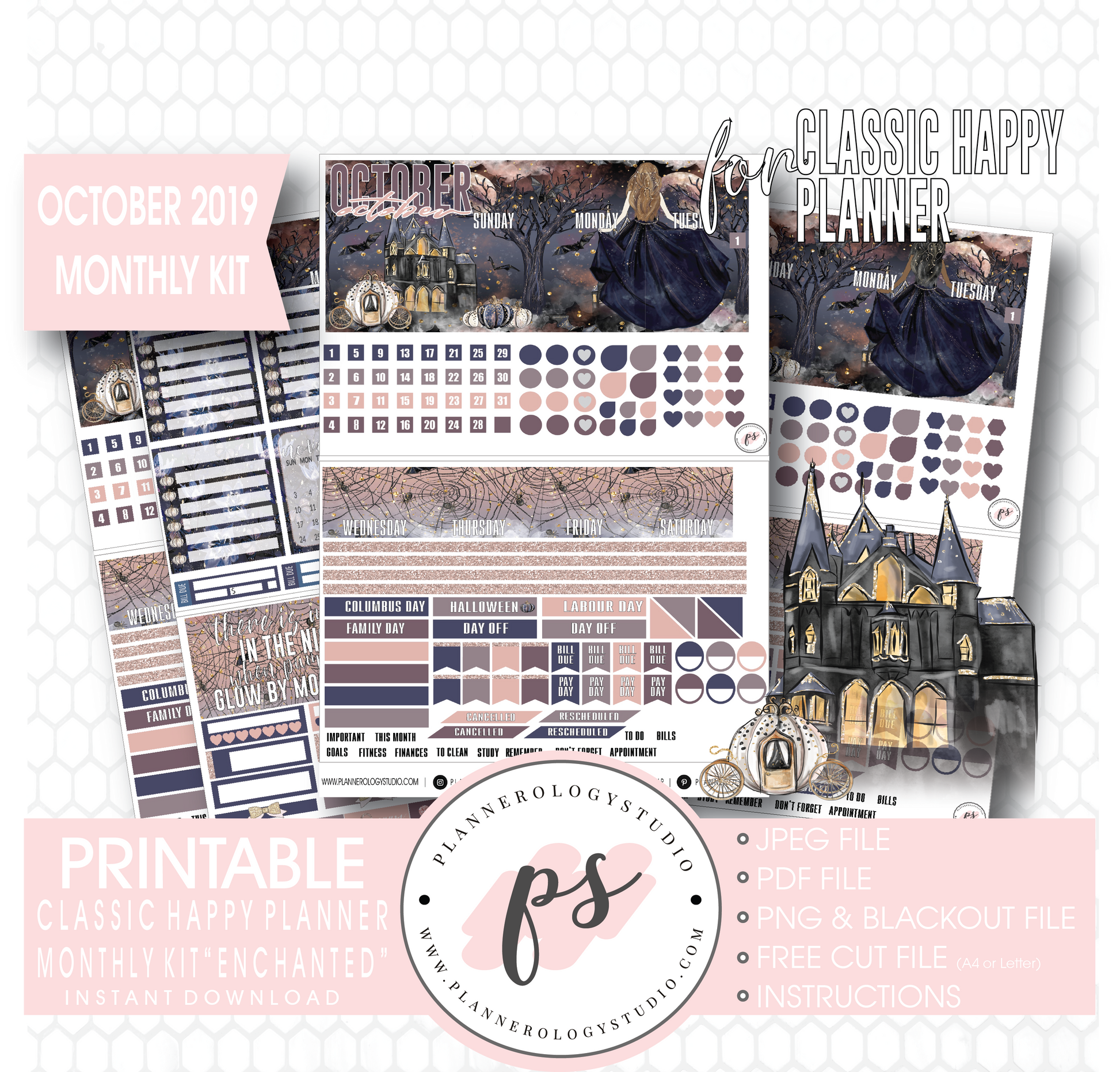 Enchantment Halloween October 2019 Monthly View Kit Digital Printable Planner Stickers (for use with Classic Happy Planner) - Plannerologystudio