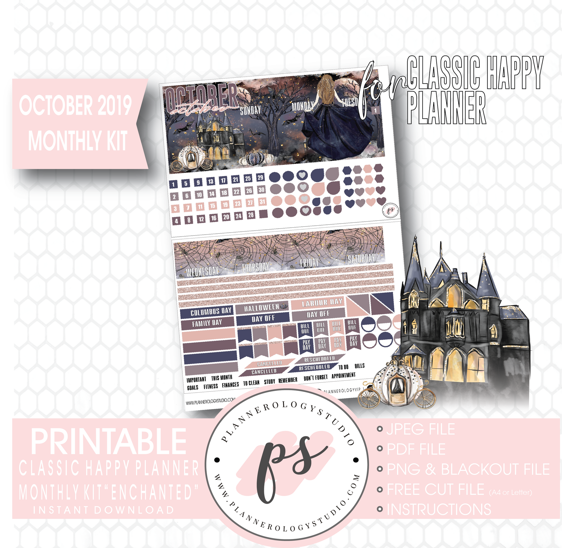Enchantment Halloween October 2019 Monthly View Kit Digital Printable Planner Stickers (for use with Classic Happy Planner) - Plannerologystudio