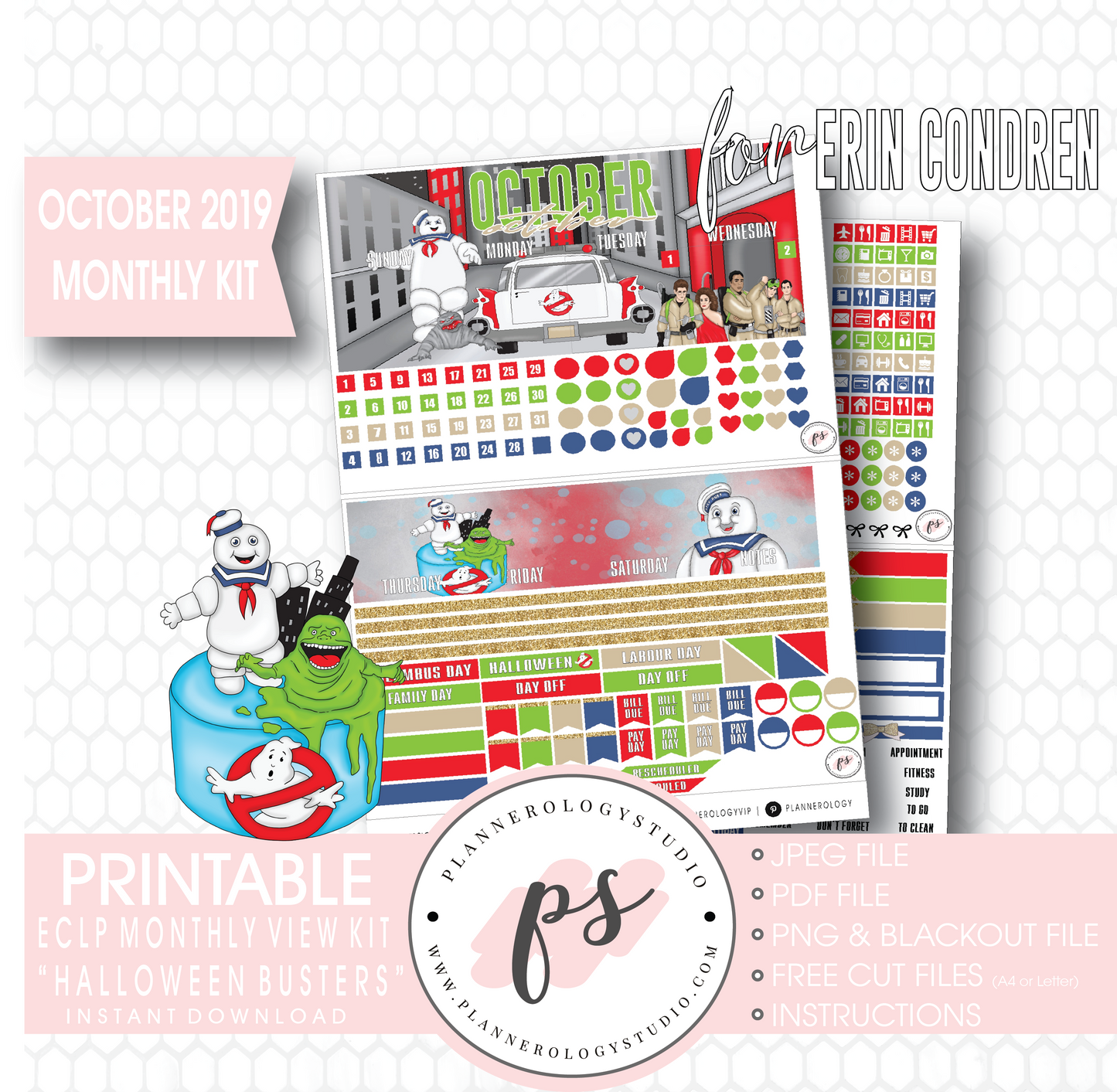 Halloween Busters October 2019 Monthly View Kit Printable Planner Stickers (for use with Erin Condren) - Plannerologystudio
