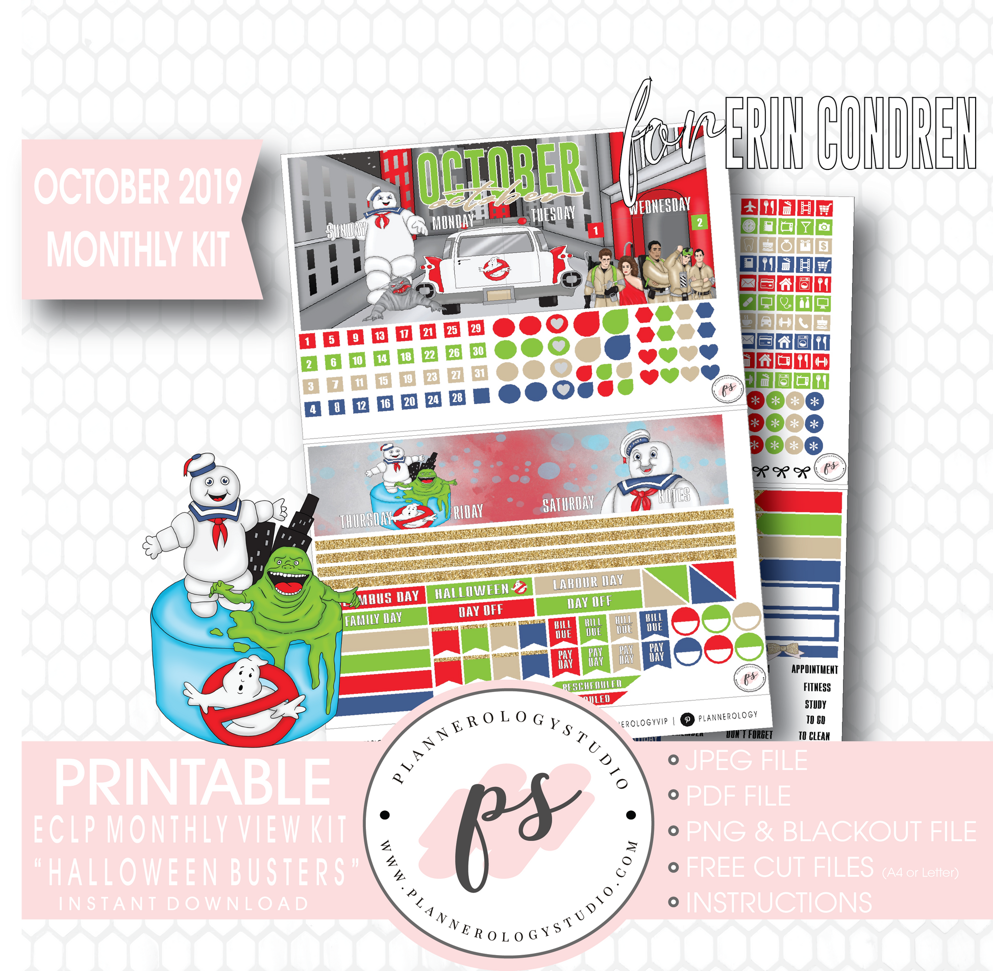Halloween Busters October 2019 Monthly View Kit Printable Planner Stickers (for use with Erin Condren) - Plannerologystudio
