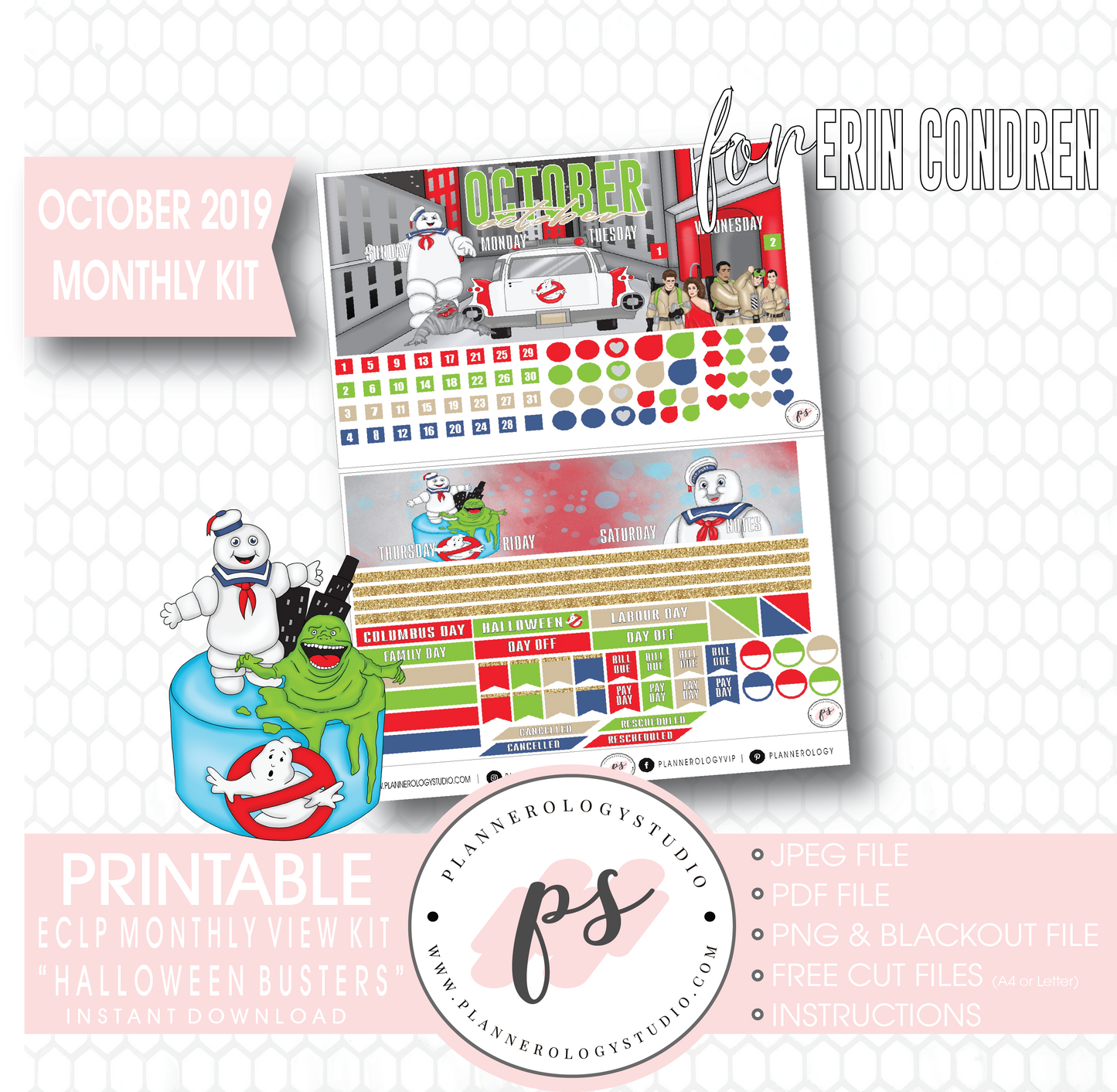 Halloween Busters October 2019 Monthly View Kit Printable Planner Stickers (for use with Erin Condren) - Plannerologystudio