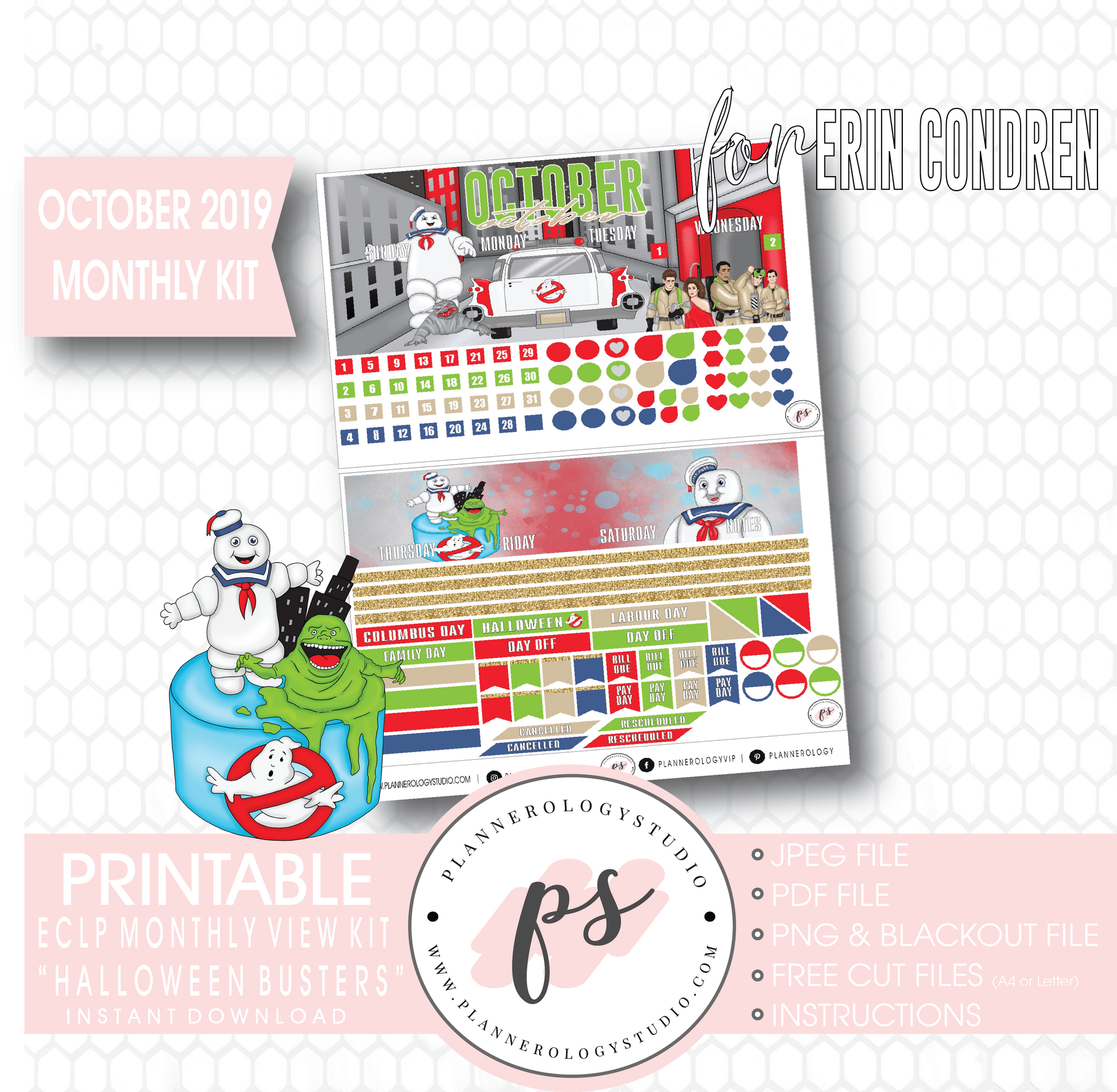 Halloween Busters October 2019 Monthly View Kit Printable Planner Stickers (for use with Erin Condren) - Plannerologystudio