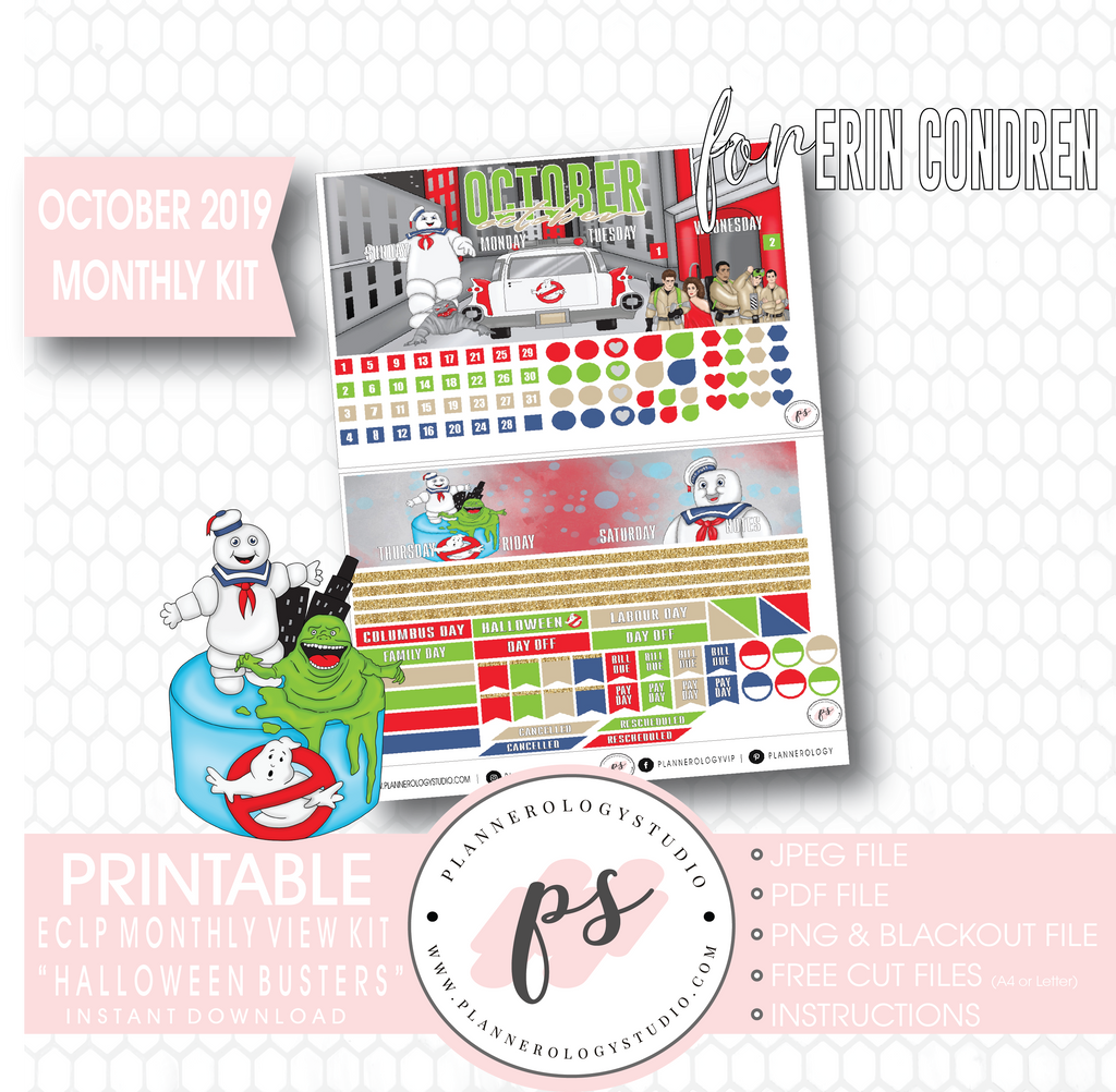 Halloween Busters October 2019 Monthly View Kit Printable Planner Stickers (for use with Erin Condren) - Plannerologystudio