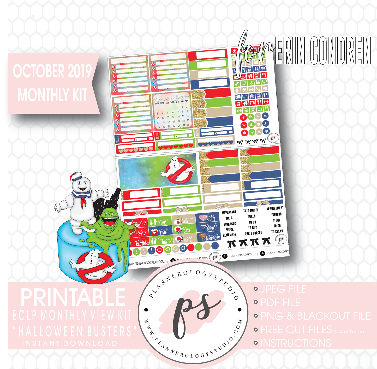 Halloween Busters October 2019 Monthly View Kit Printable Planner Stickers (for use with Erin Condren) - Plannerologystudio