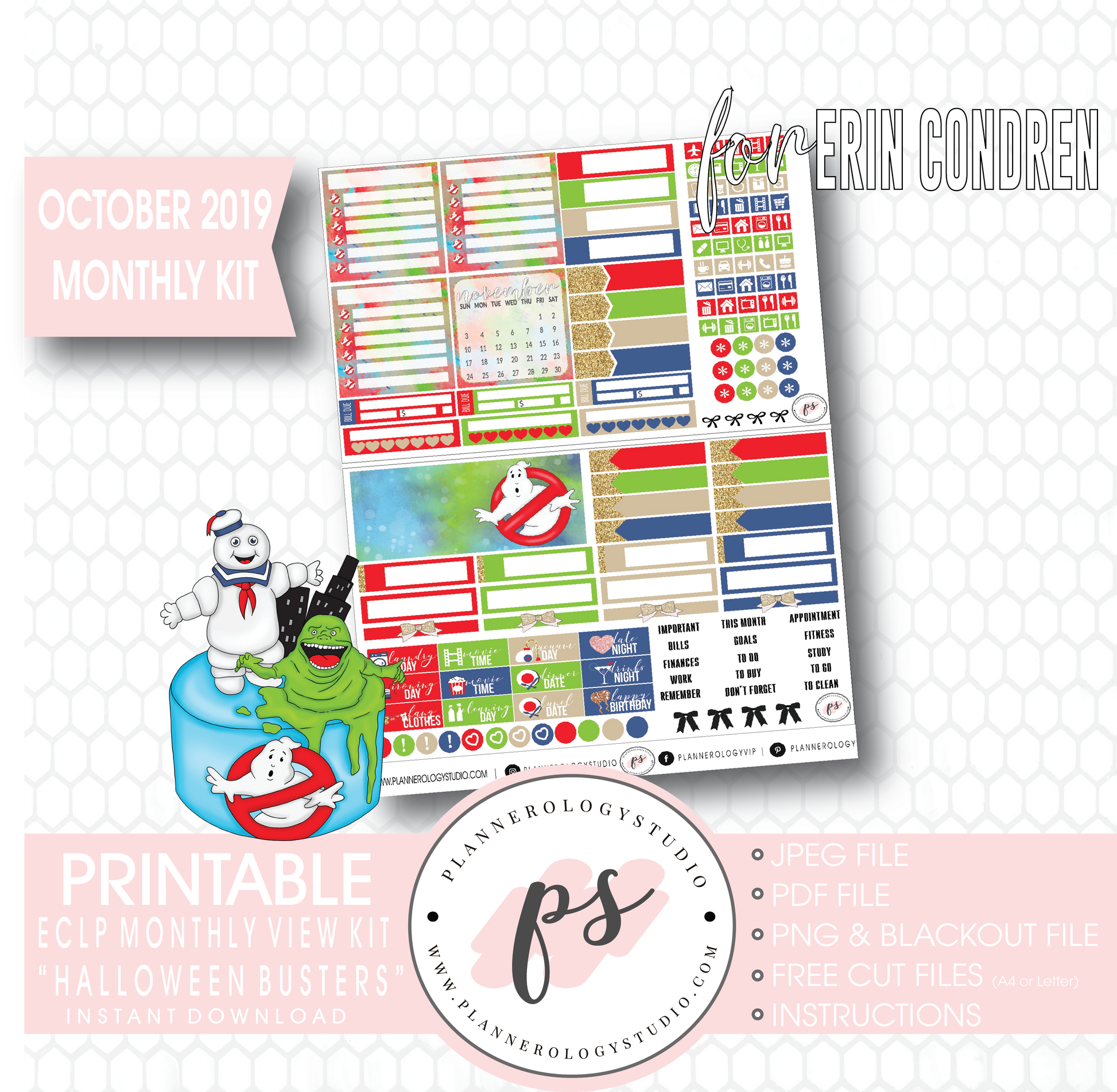 Halloween Busters October 2019 Monthly View Kit Printable Planner Stickers (for use with Erin Condren) - Plannerologystudio