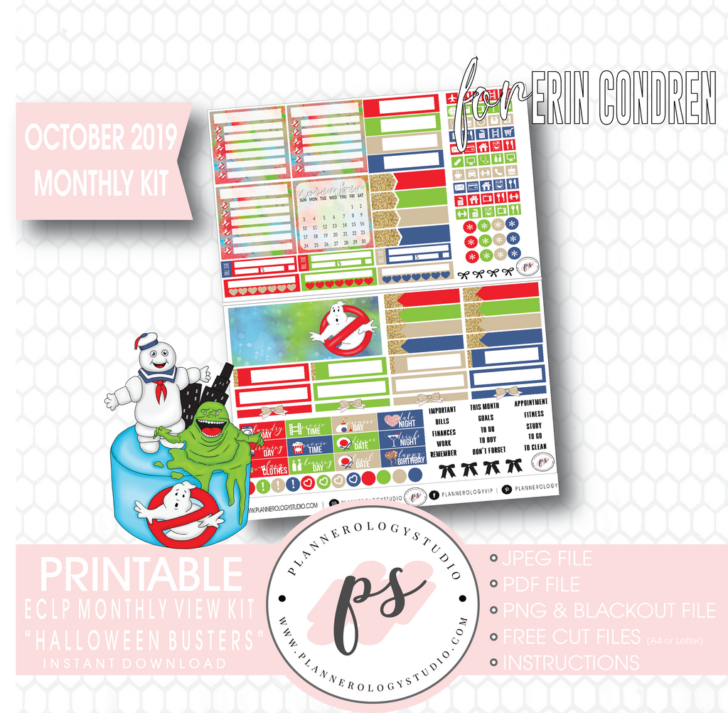 Halloween Busters October 2019 Monthly View Kit Printable Planner Stickers (for use with Erin Condren) - Plannerologystudio