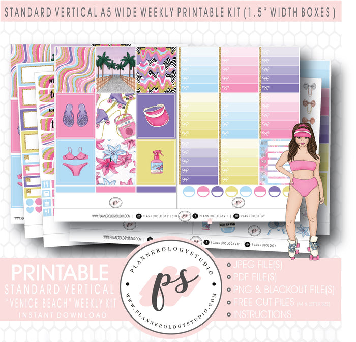 Venice Beach Weekly Digital Printable Planner Stickers Kit (for use with Standard Vertical A5 Wide Planners)