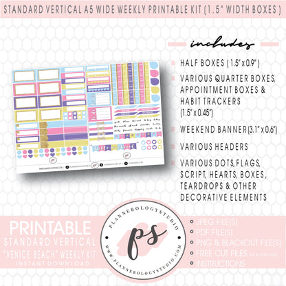 Venice Beach Weekly Digital Printable Planner Stickers Kit (for use with Standard Vertical A5 Wide Planners)