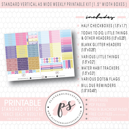 Venice Beach Weekly Digital Printable Planner Stickers Kit (for use with Standard Vertical A5 Wide Planners)