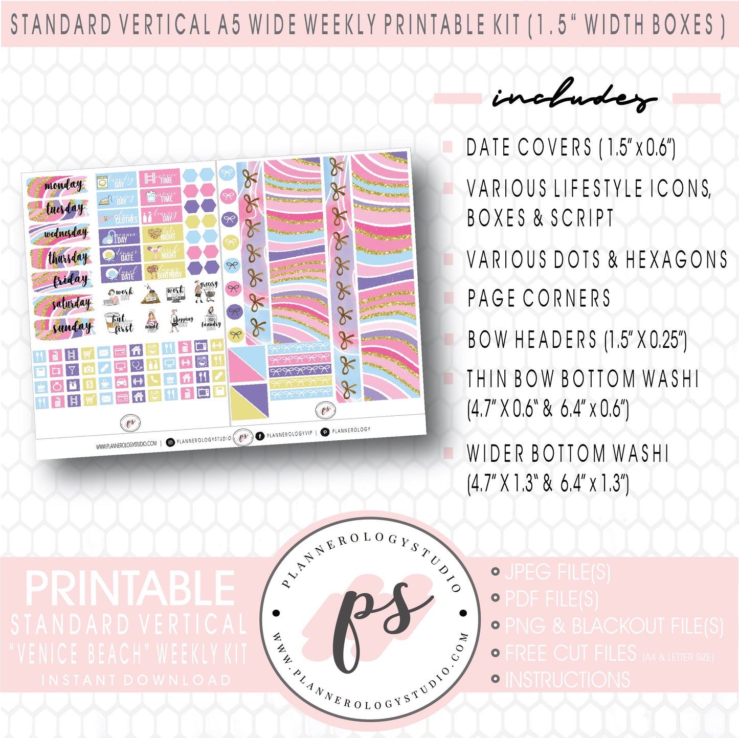 Venice Beach Weekly Digital Printable Planner Stickers Kit (for use with Standard Vertical A5 Wide Planners)