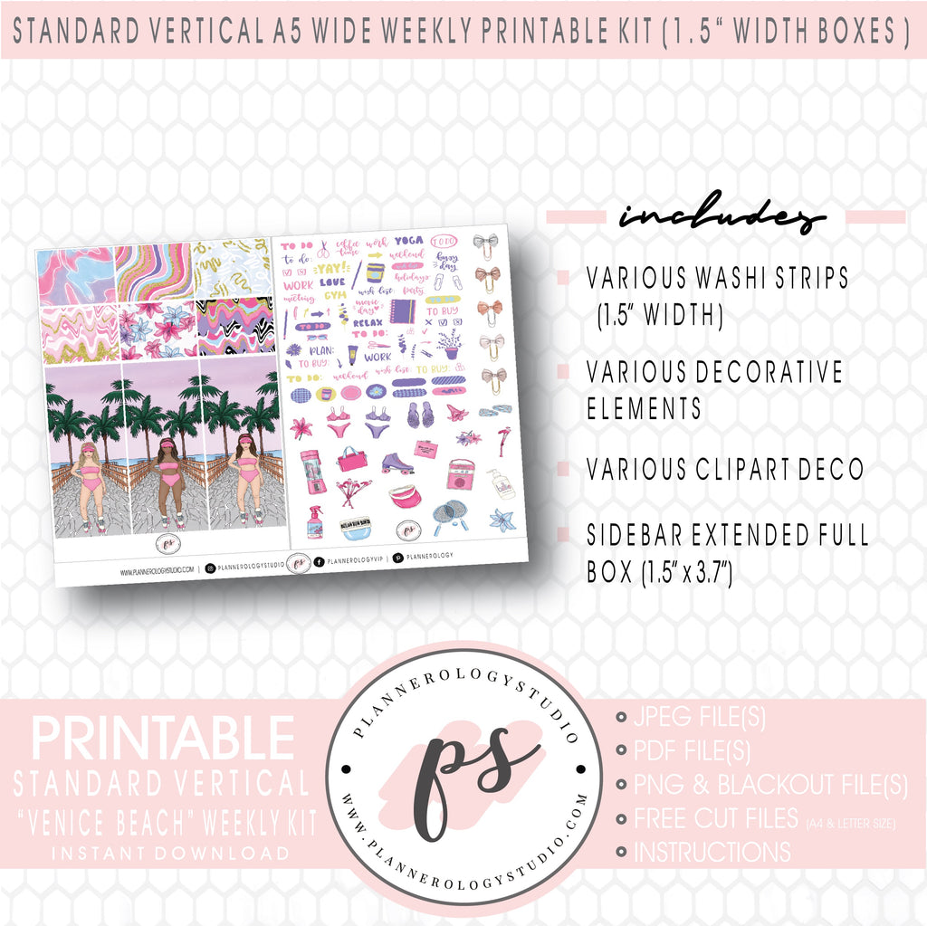 Venice Beach Weekly Digital Printable Planner Stickers Kit (for use with Standard Vertical A5 Wide Planners)